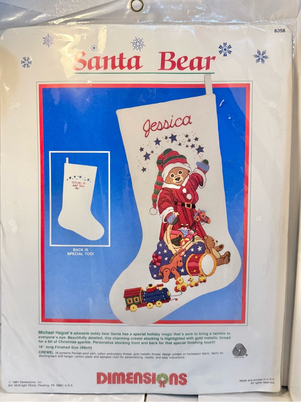 Dimensions 1987 Santa Bear charming crewel stocking kit Persian wool gold thread
